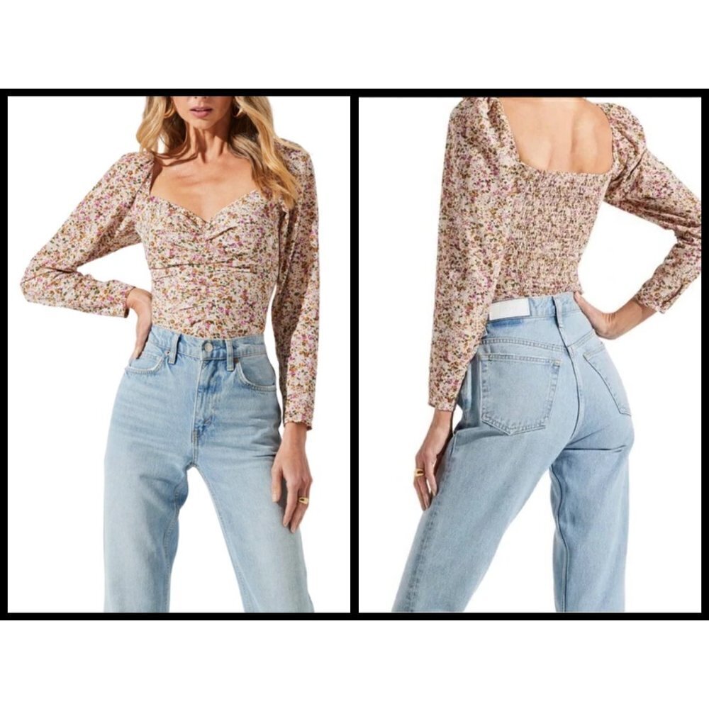 💕ASTR THE LABEL💕 Smocked Floral Print Top ~ Taupe Pink Floral Large L NWT